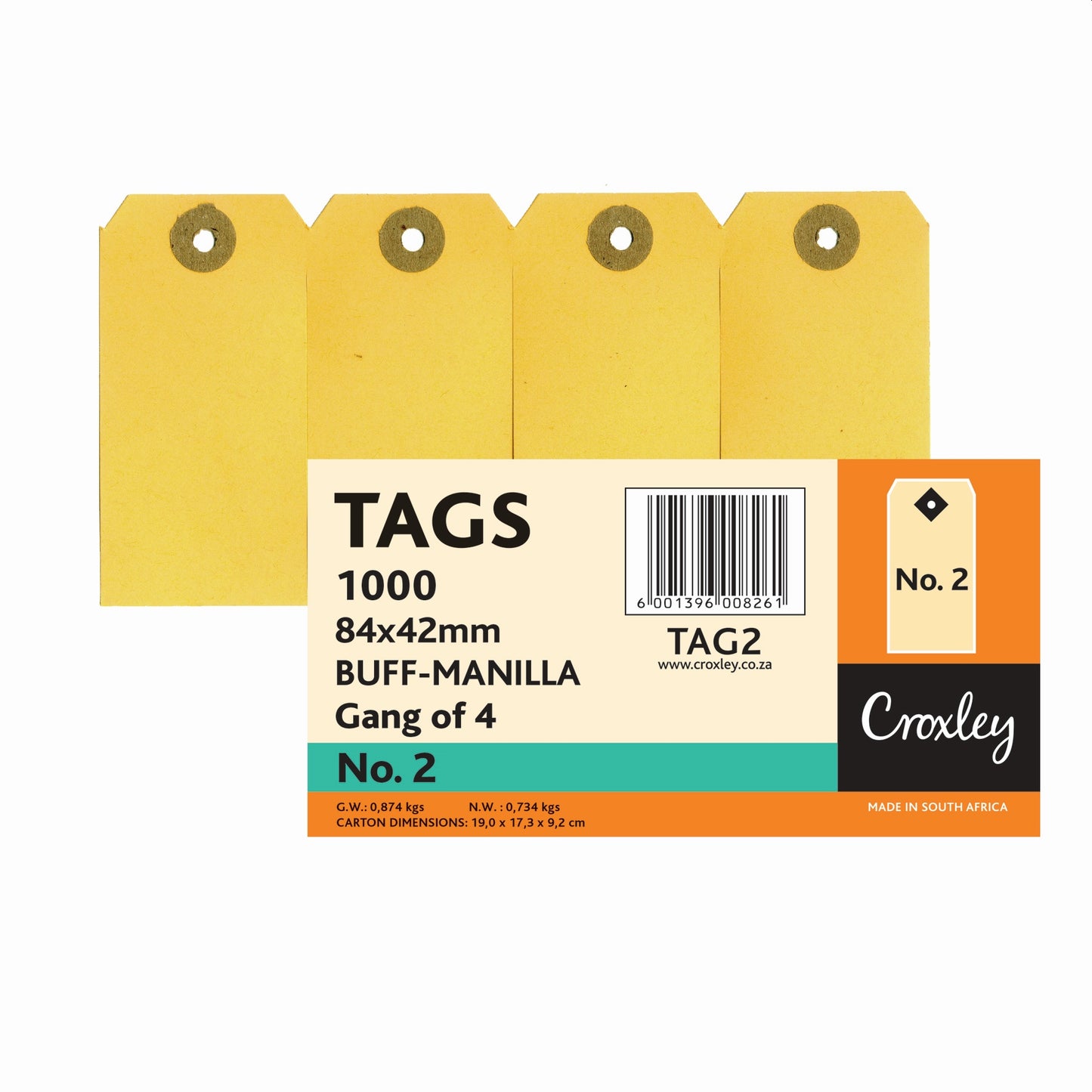 CROXLEY JD2 Buff Manilla Tags Gangs of 4 - No.2 - 84X42 (Box of 1000)