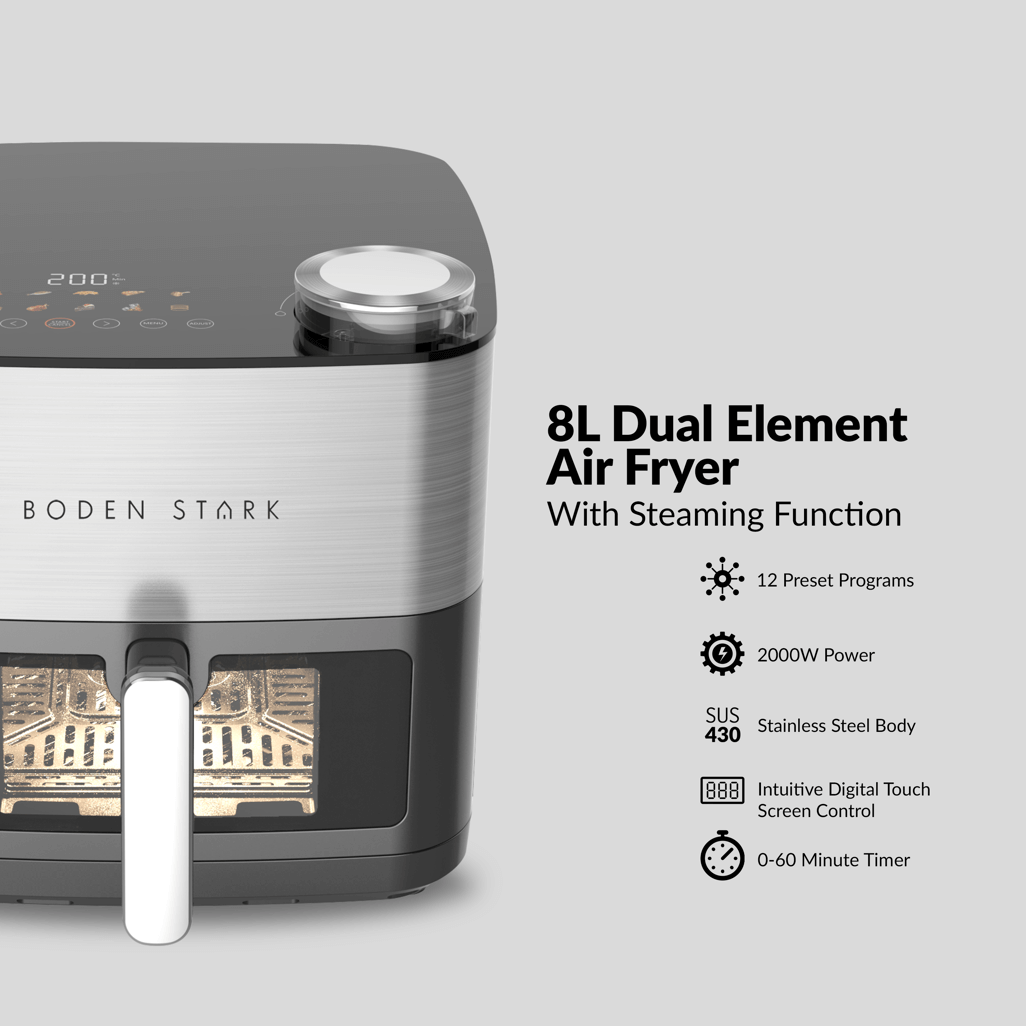 Boden Stark 8L Dual Element Air Fryer with Steaming Function and digital touch screen control.