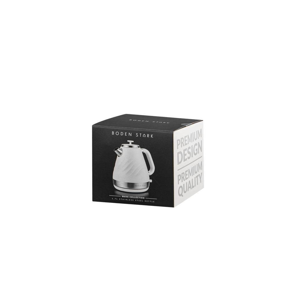 Boden Stark 1.7L stainless steel kettle in a stylish white box with premium design and quality branding.