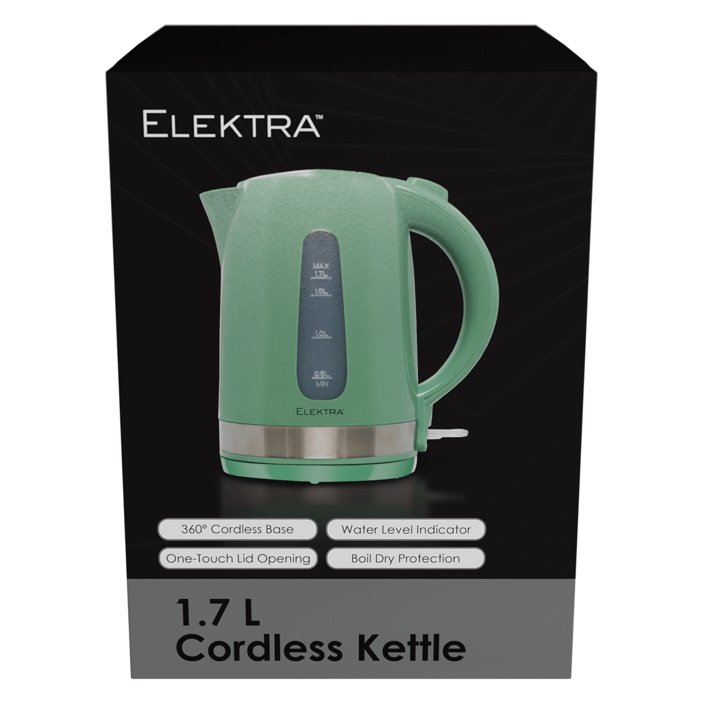 ELEKTRA 1.7L cordless kettle in green with 360° base, water level indicator, and boil dry protection.