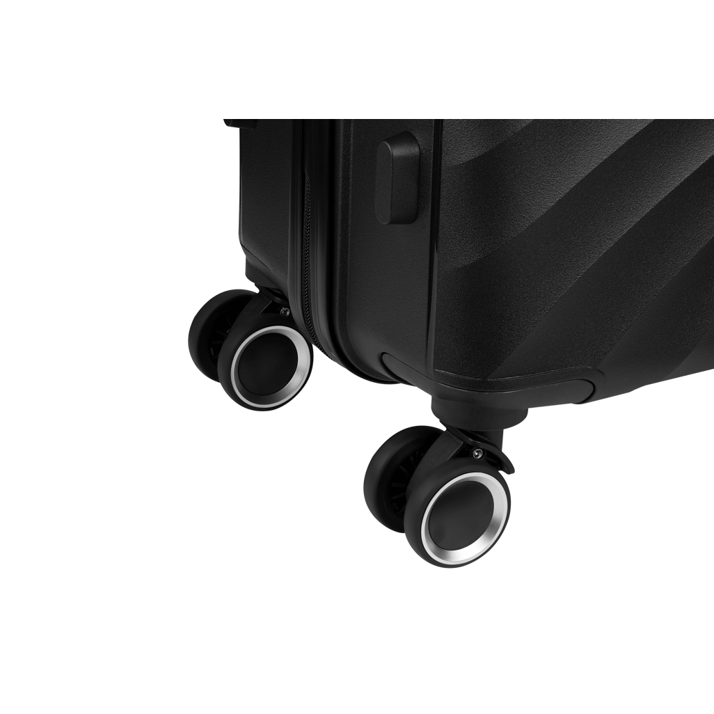 Close-up of Travelwize Quartz 66cm black spinner luggage wheels, showcasing smooth rolling design and durability.