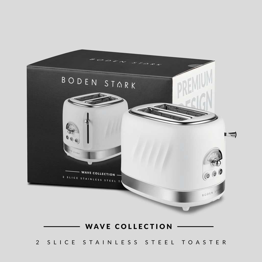 Boden Stark 2 Slice Stainless Steel Toaster in White with premium design and wave collection packaging.