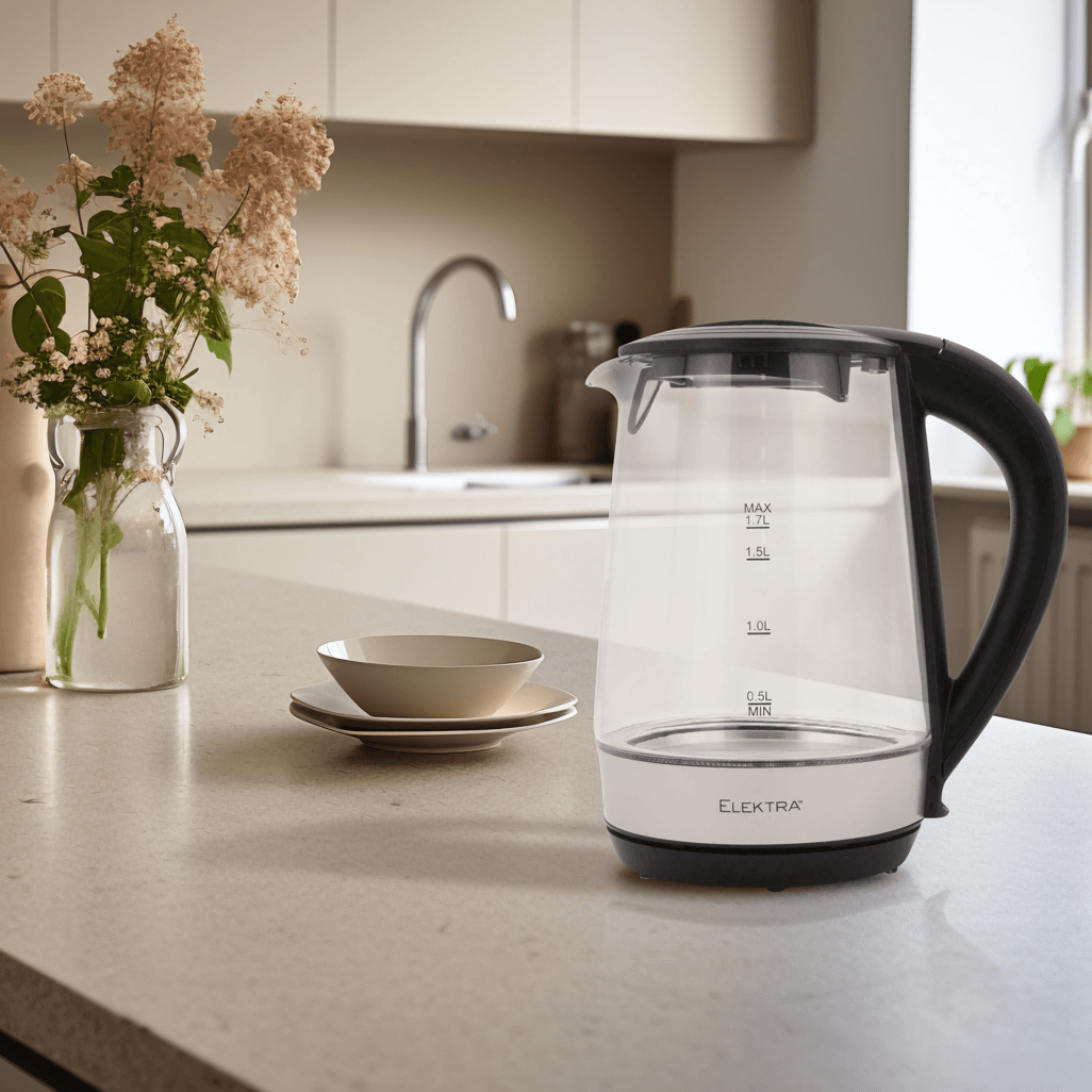 ELEKTRA 1.7L Glass Kettle on kitchen counter with dishes and flowers, designed for speed and convenience.