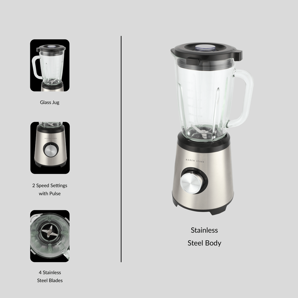 Boden Stark 1000W Glass Jug Blender with stainless steel body and 4 blades, featuring two speed settings with pulse.