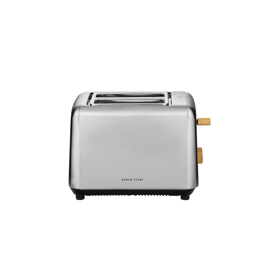Boden Stark Anson Collection 2 Slice Stainless Steel Toaster with red oak knobs, showcasing modern kitchen elegance.