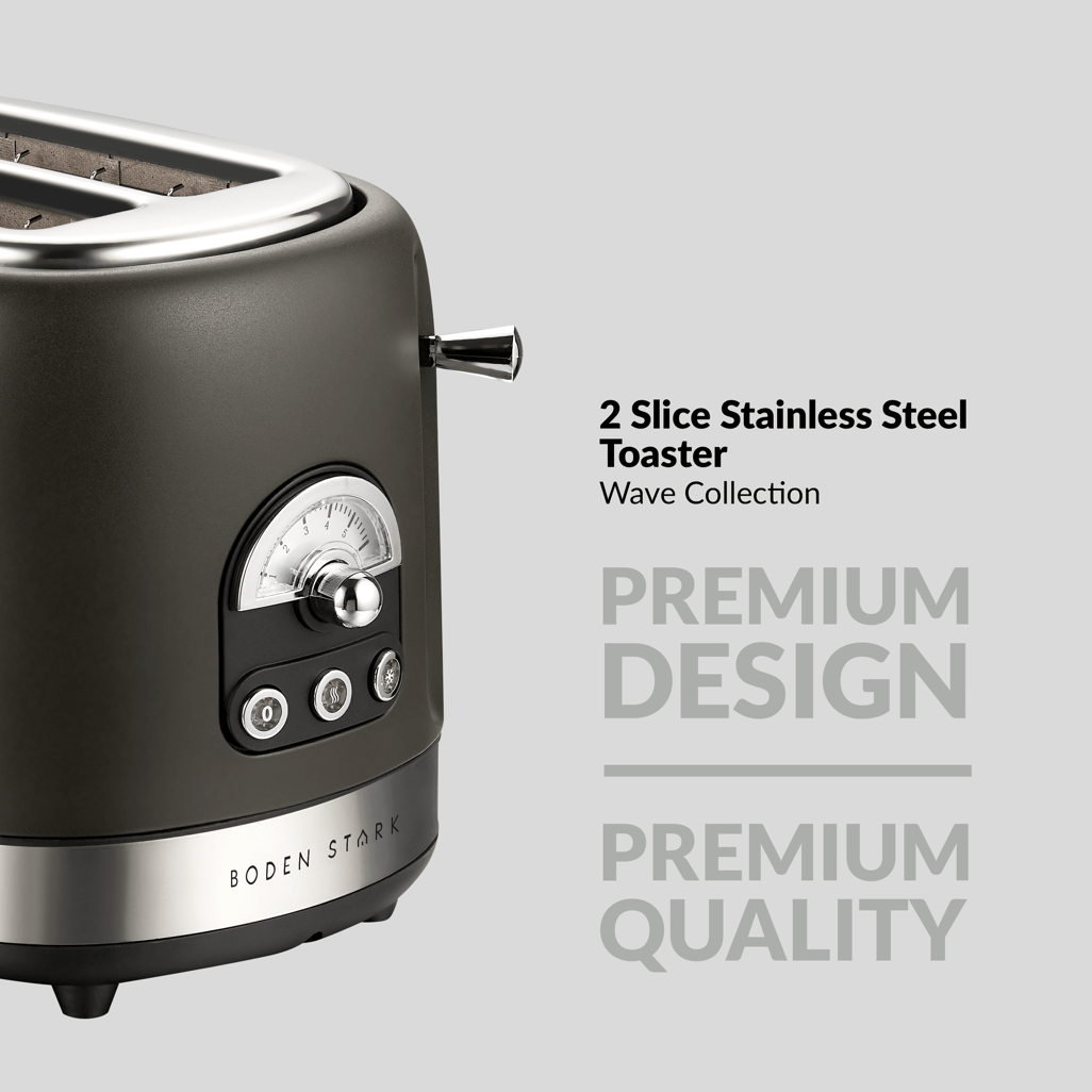 Boden Stark 2 Slice Stainless Steel Toaster from the Wave Collection, featuring premium design and quality in a modern kitchen appliance.