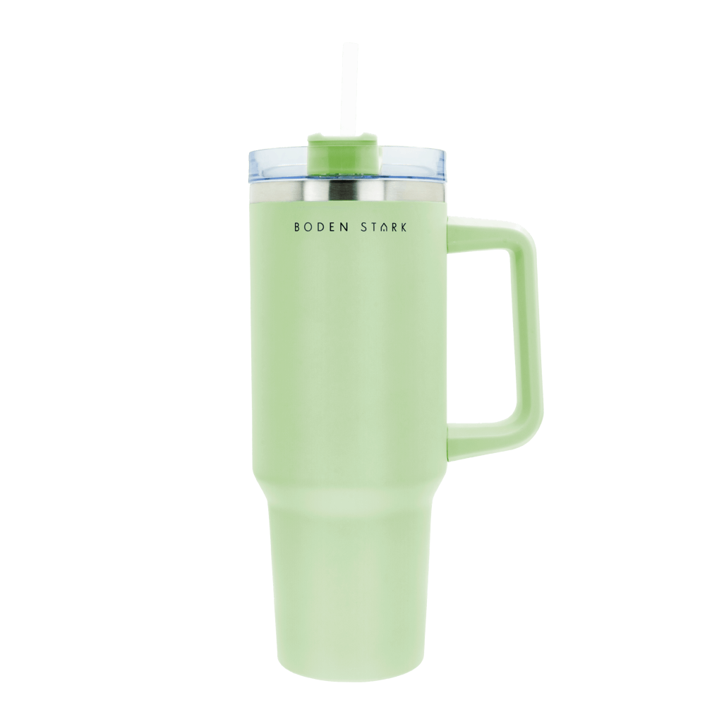 Boden Stark 1200ml travel mug in green with clear lid and straw, perfect for on-the-go hydration.