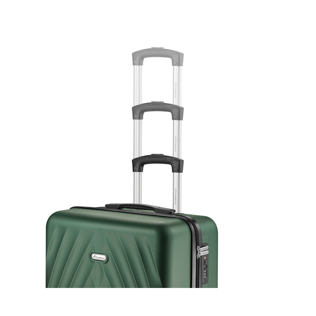 Travelwize Terra ABS 67cm green spinner luggage with four wheels and retractable handle.