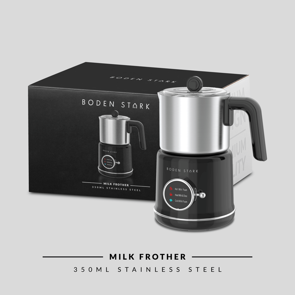 Boden Stark Milk Frother in stainless steel with a sleek design, 350ml capacity, perfect for frothing milk for drinks.