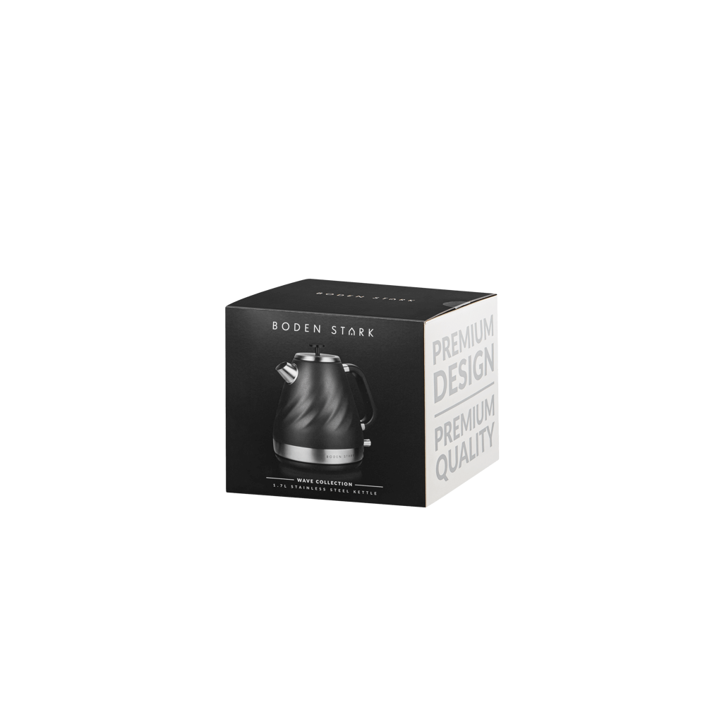 Boden Stark 1.7L stainless steel kettle in charcoal packaging, showcasing premium design and quality.