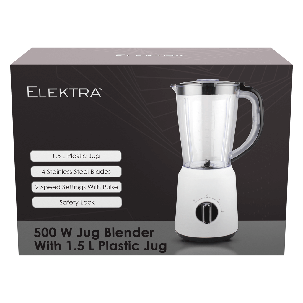 ELEKTRA 500W Jug Blender packaging with 1.5L plastic jug, stainless steel blades, and speed settings.