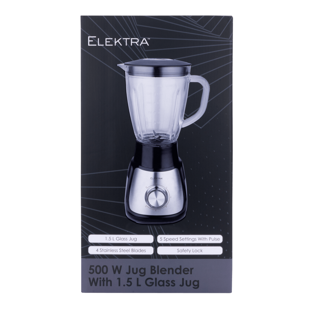 ELEKTRA 500W Jug Blender with 1.5L Glass Jug, 5 Speed Settings, stainless steel blades, and safety lock.