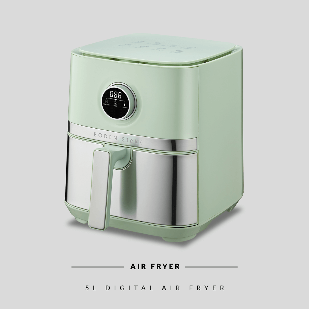 Boden Stark 5.0L Digital Air Fryer in green with digital display and stainless steel accents.