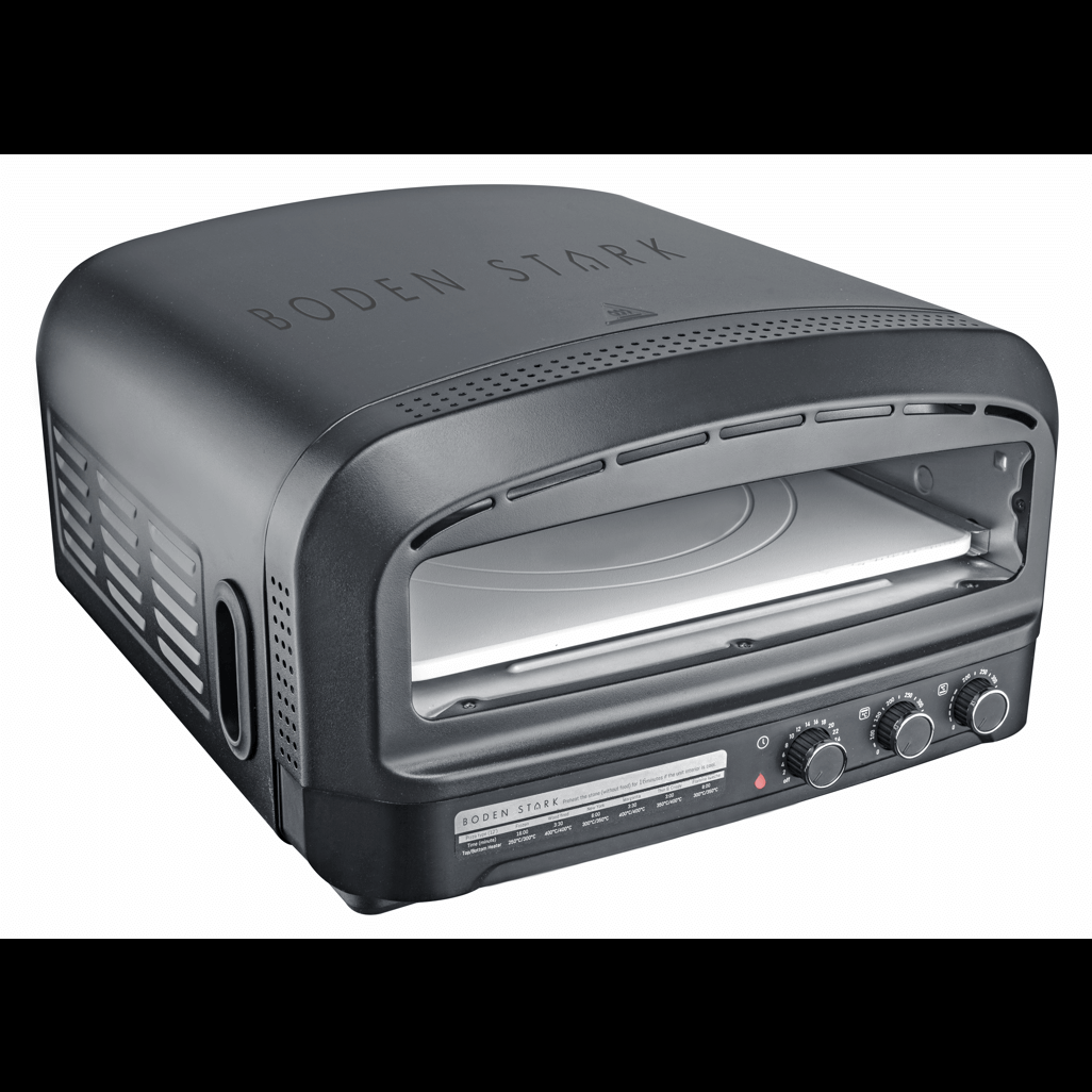 Boden Stark Manual Pizza Oven with an open front, showcasing the cooking surface and adjustable temperature controls.