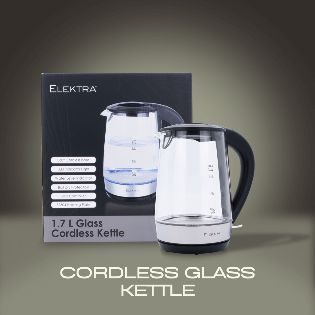 ELEKTRA 1.7L cordless glass kettle with stainless steel heating plate and LED water level indicator.