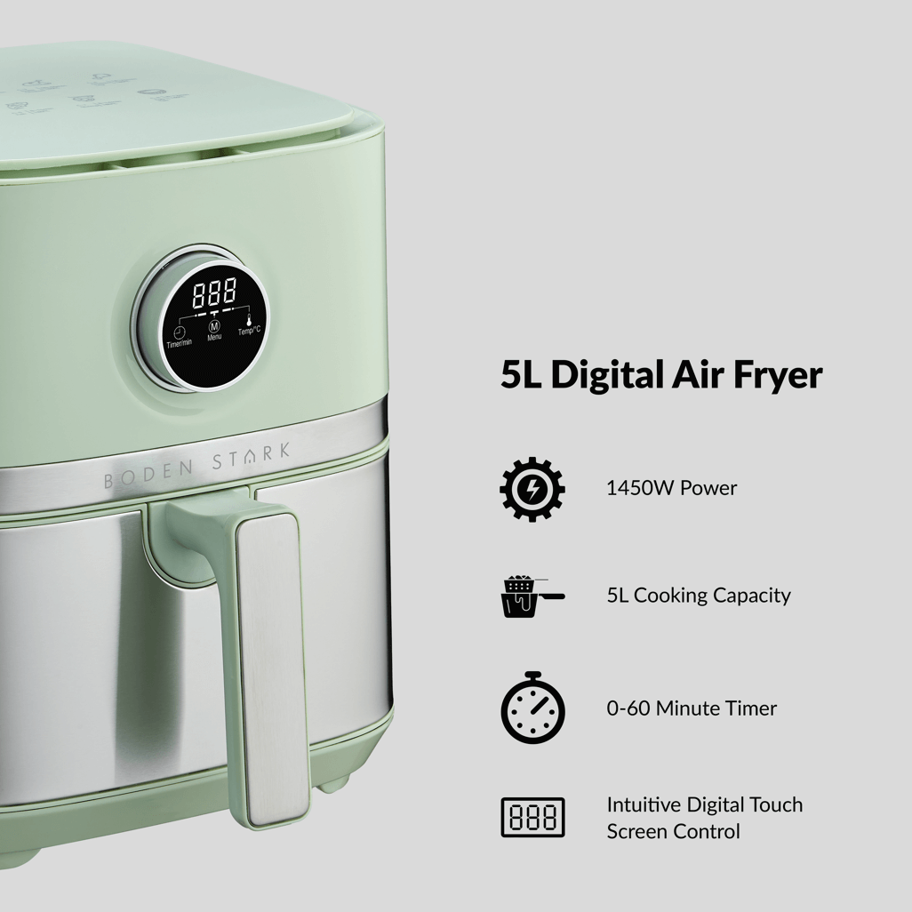 Boden Stark 5.0L Digital Air Fryer in green, featuring 1450W power, 5L capacity, and intuitive digital touch screen control.