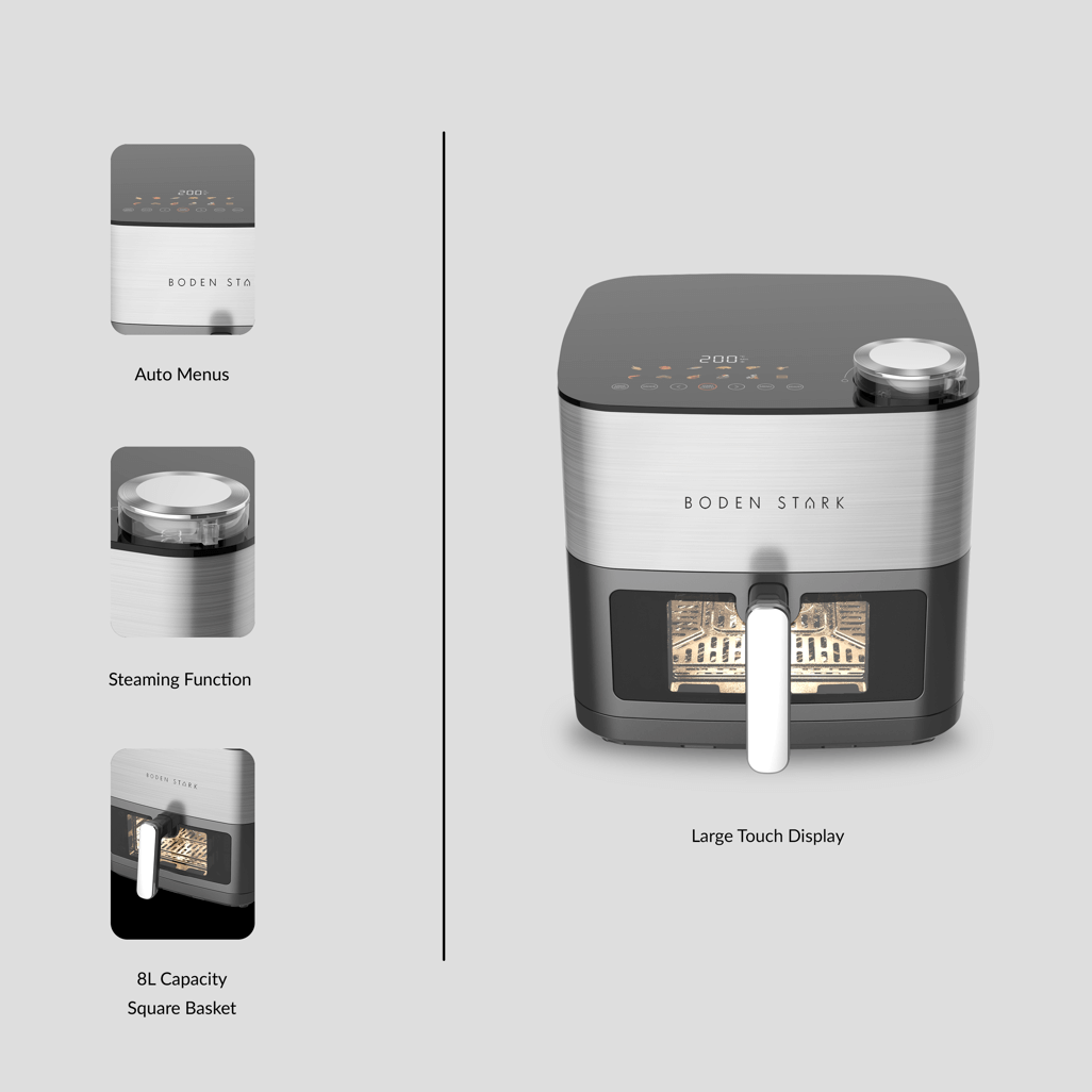 Boden Stark 8L Dual Element Air fryer with steaming function and large touch display, featuring auto menus and square basket.