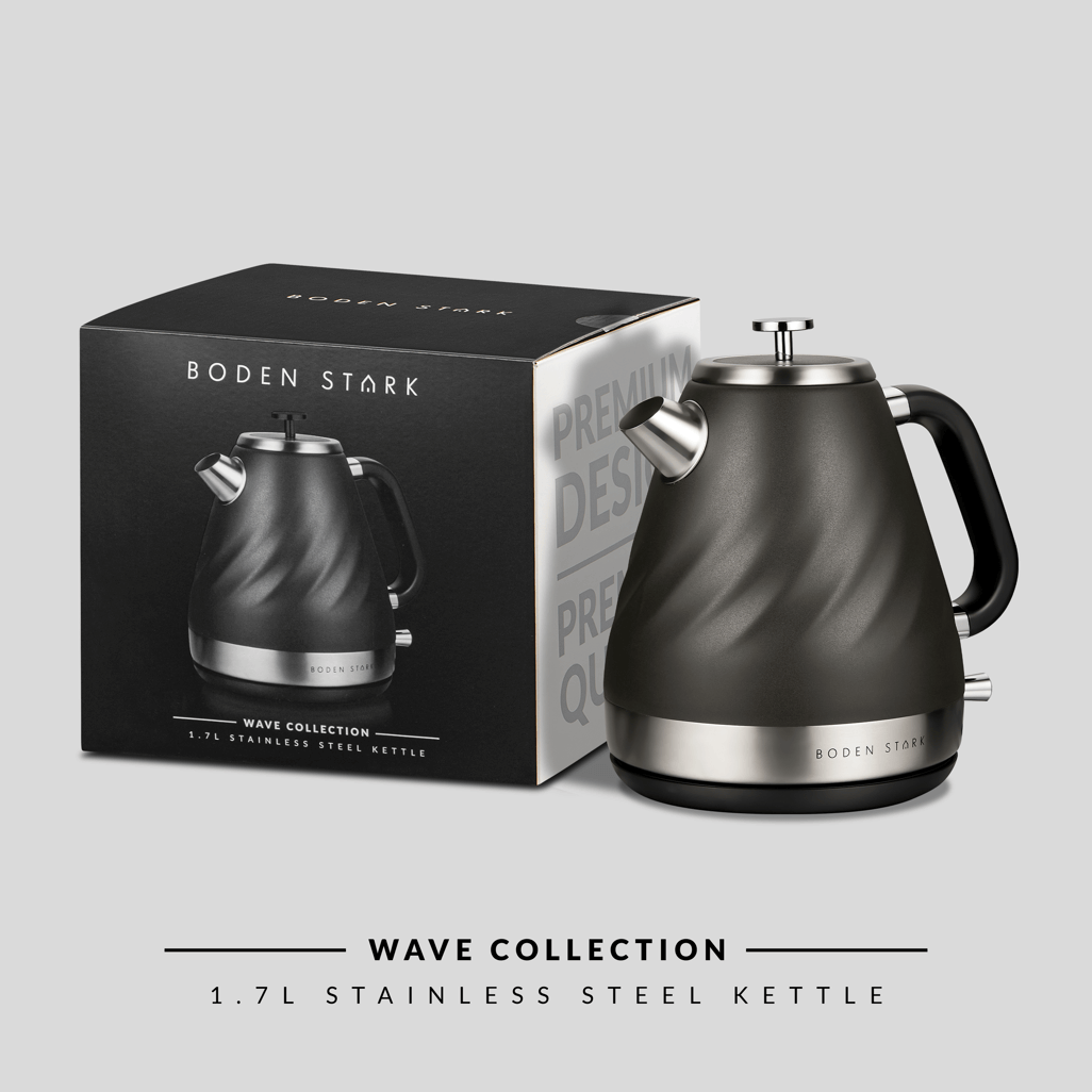 Boden Stark 1.7L stainless steel kettle in charcoal with premium design box, part of the Wave Collection.