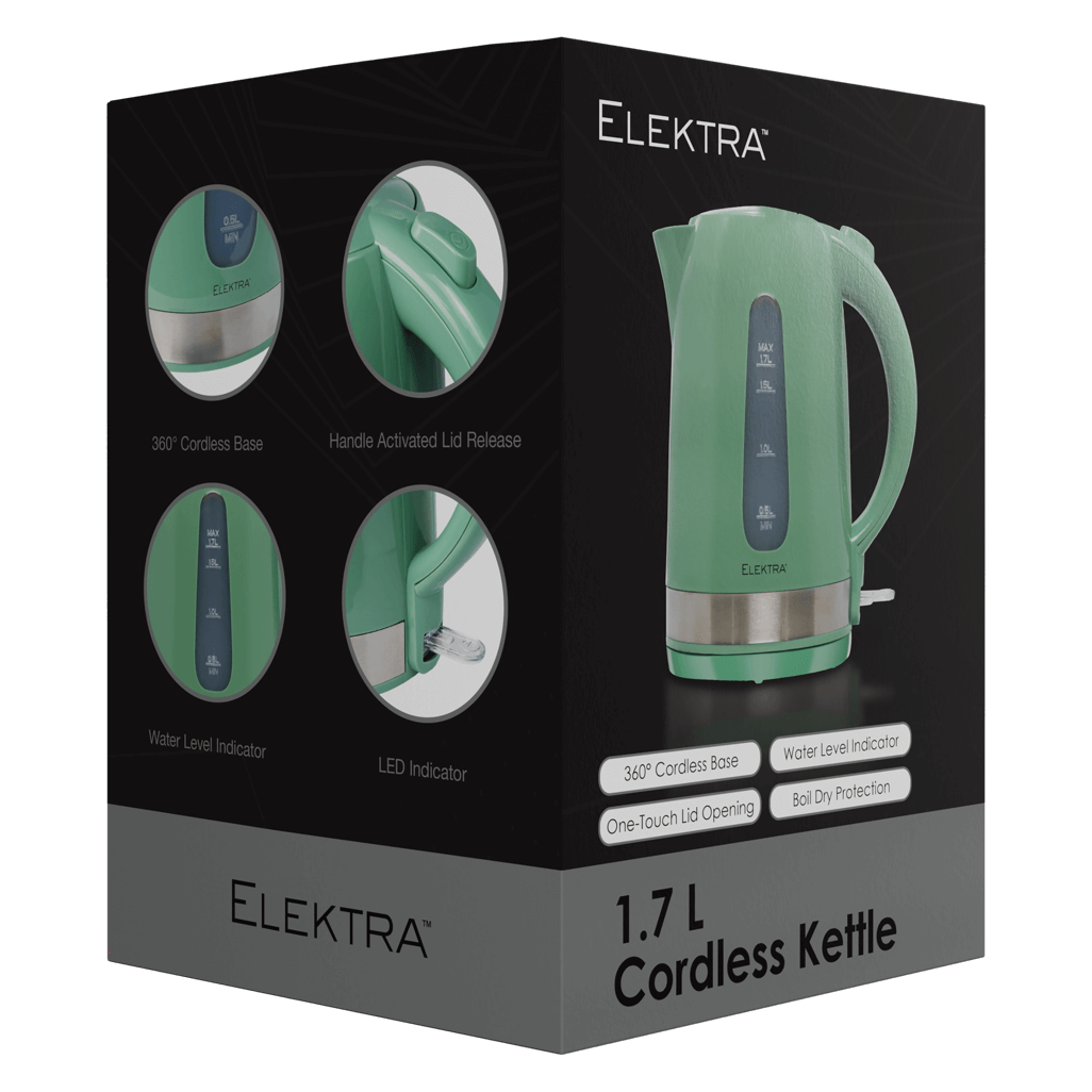 ELEKTRA 1.7L cordless kettle in green with 360° base, water level indicator, and one-touch opening.