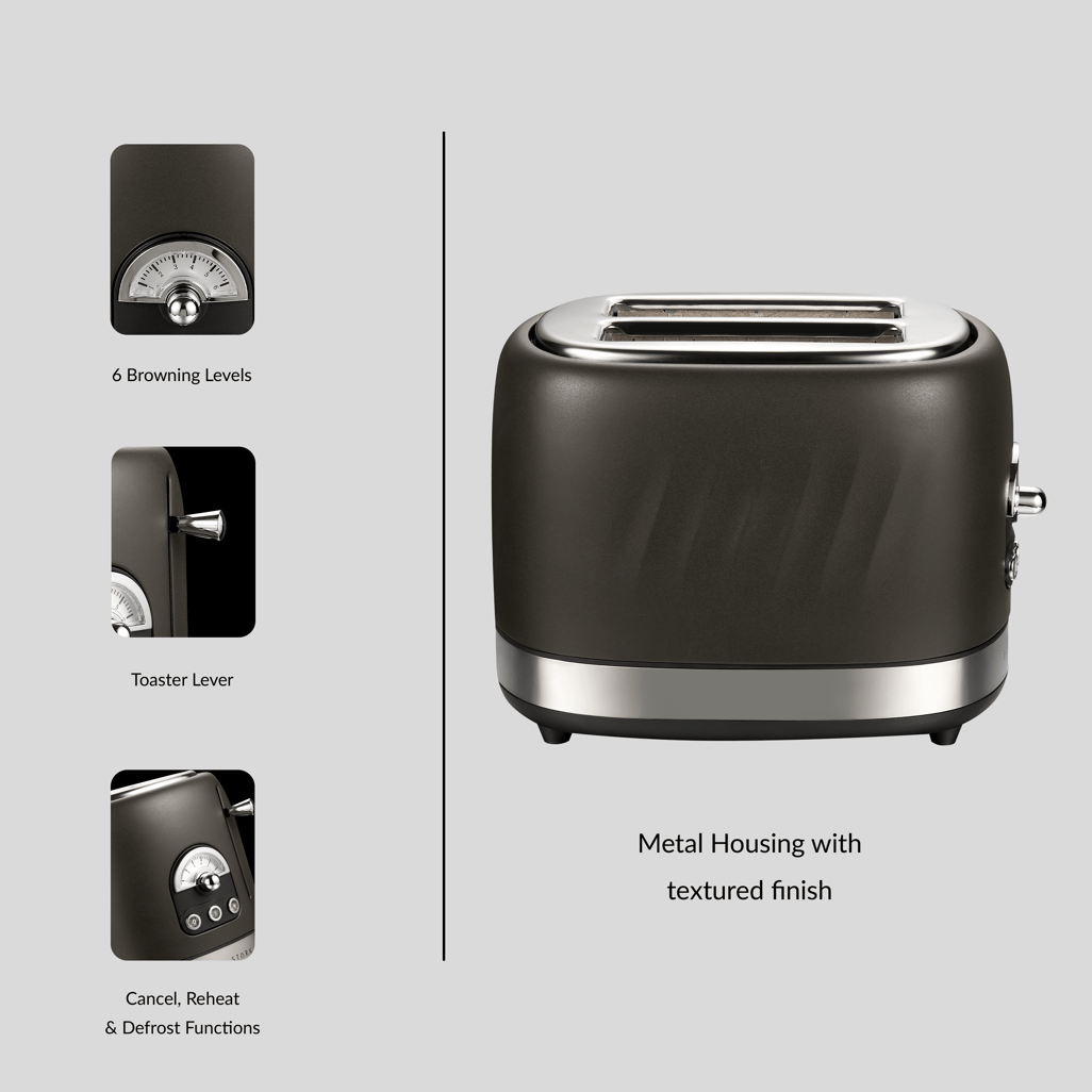 Boden Stark 2 Slice Stainless Steel Toaster with textured metal housing, 6 browning levels, and toast functions.