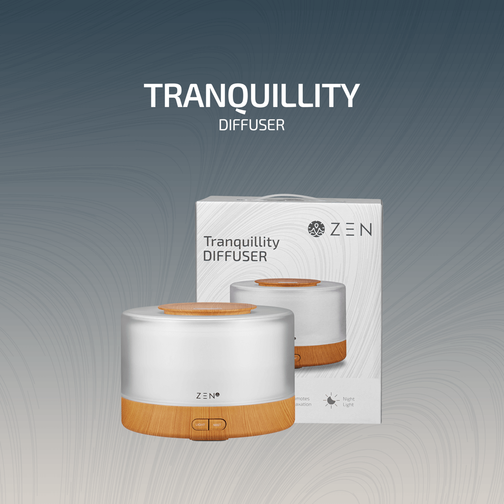 Zen Tranquillity Diffuser in light wood design, promoting serenity and relaxation, with packaging shown.