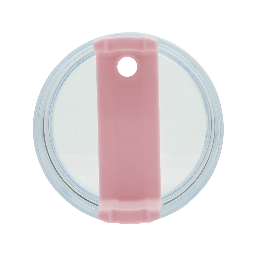 Top view of Boden Stark 1200ml travel mug lid in pink, featuring a clear design and silicone grip.