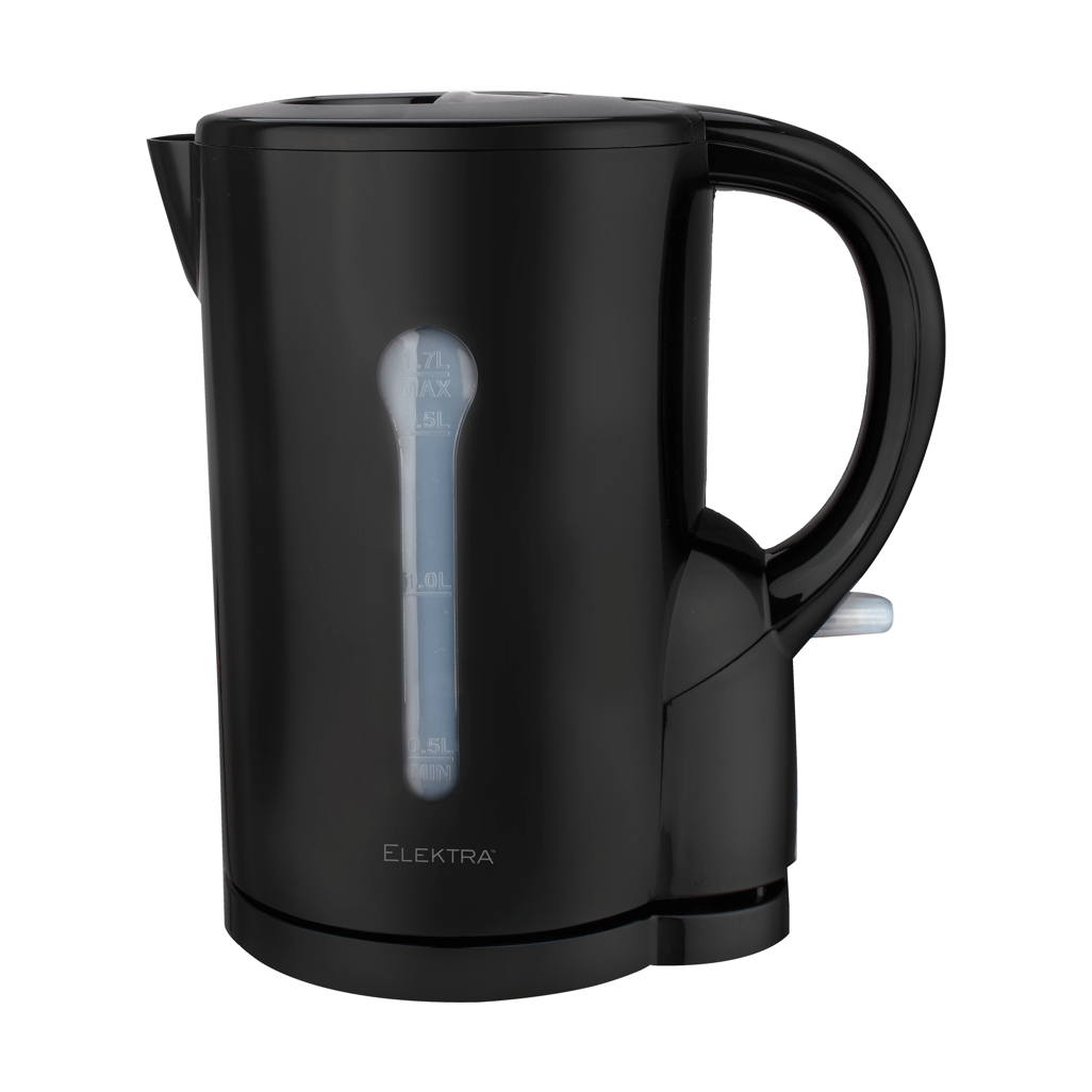 ELEKTRA 1.7L cordless kettle in black, featuring a clear water level indicator and ergonomic handle.
