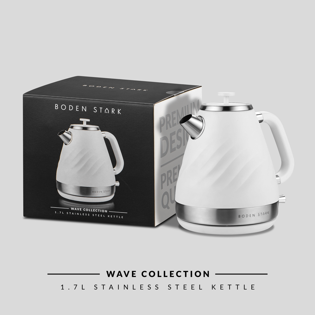 Boden Stark 1.7L White Stainless Steel Kettle with box, featuring a premium design and smooth, modern aesthetic.