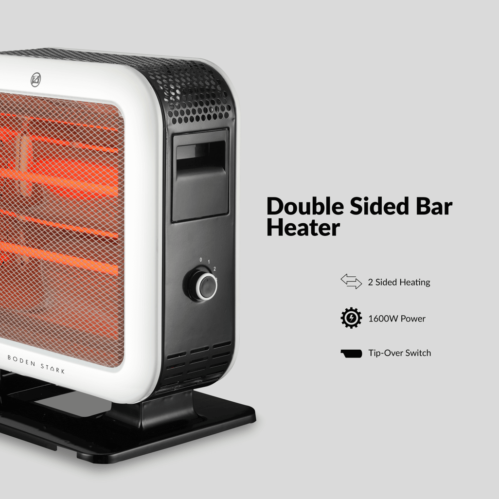 Boden Stark Double Sided Bar Heater showcasing 1600W power, two-sided heating, and tip-over switch for safety.