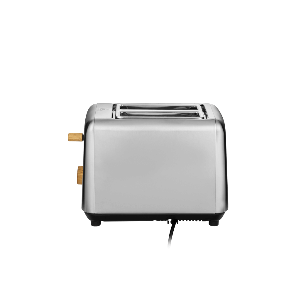 Boden Stark Anson Collection 2 Slice Stainless Steel Toaster with red oak knobs for stylish kitchen elegance.
