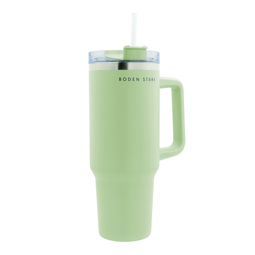 Boden Stark 1200ml travel mug in green with a straw and handle, perfect for on-the-go hydration.