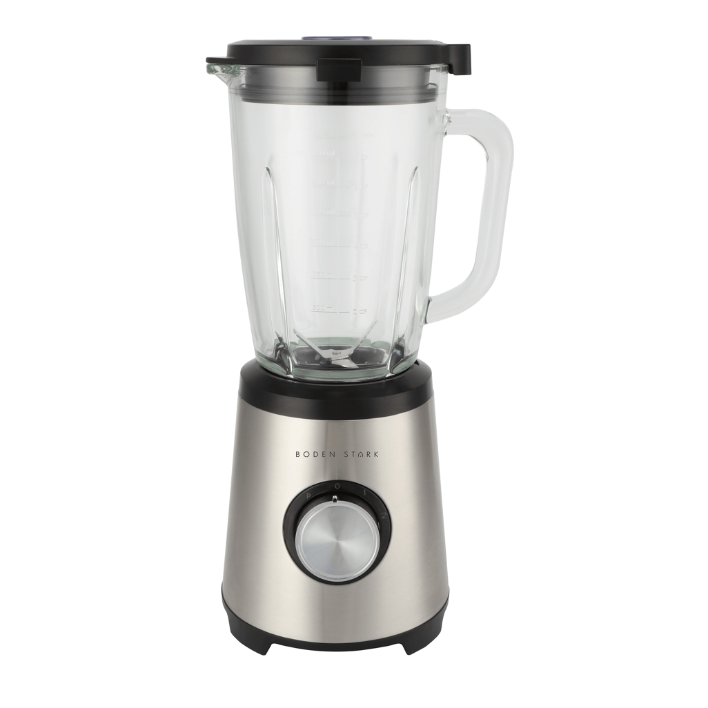 Boden Stark 1000W Glass Jug Blender with stainless steel base and glass container, perfect for smoothies and soups.