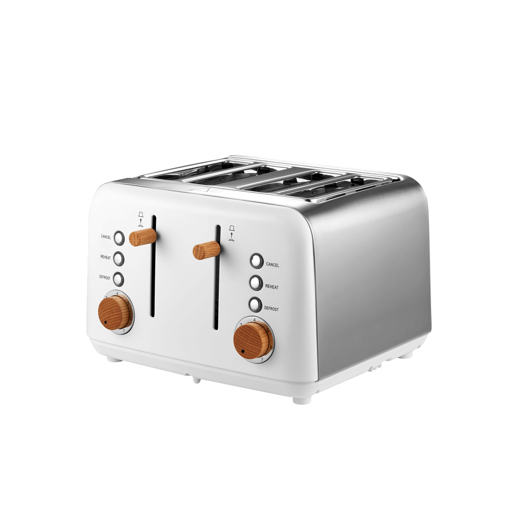 Boden Stark Anson Collection 4 Slice Toaster in white with red oak knobs and stainless steel housing.