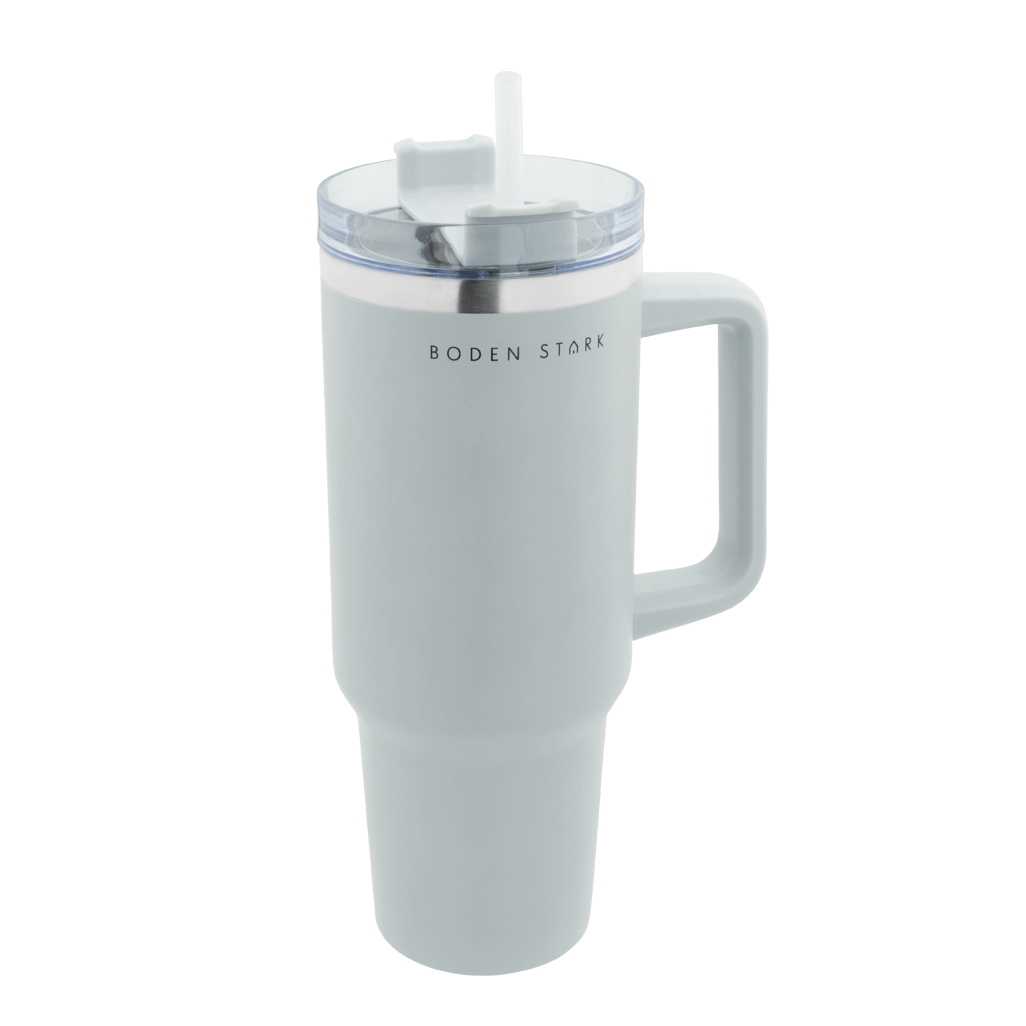 Boden Stark 1200ml grey travel mug with handle and straw for convenient on-the-go hydration.