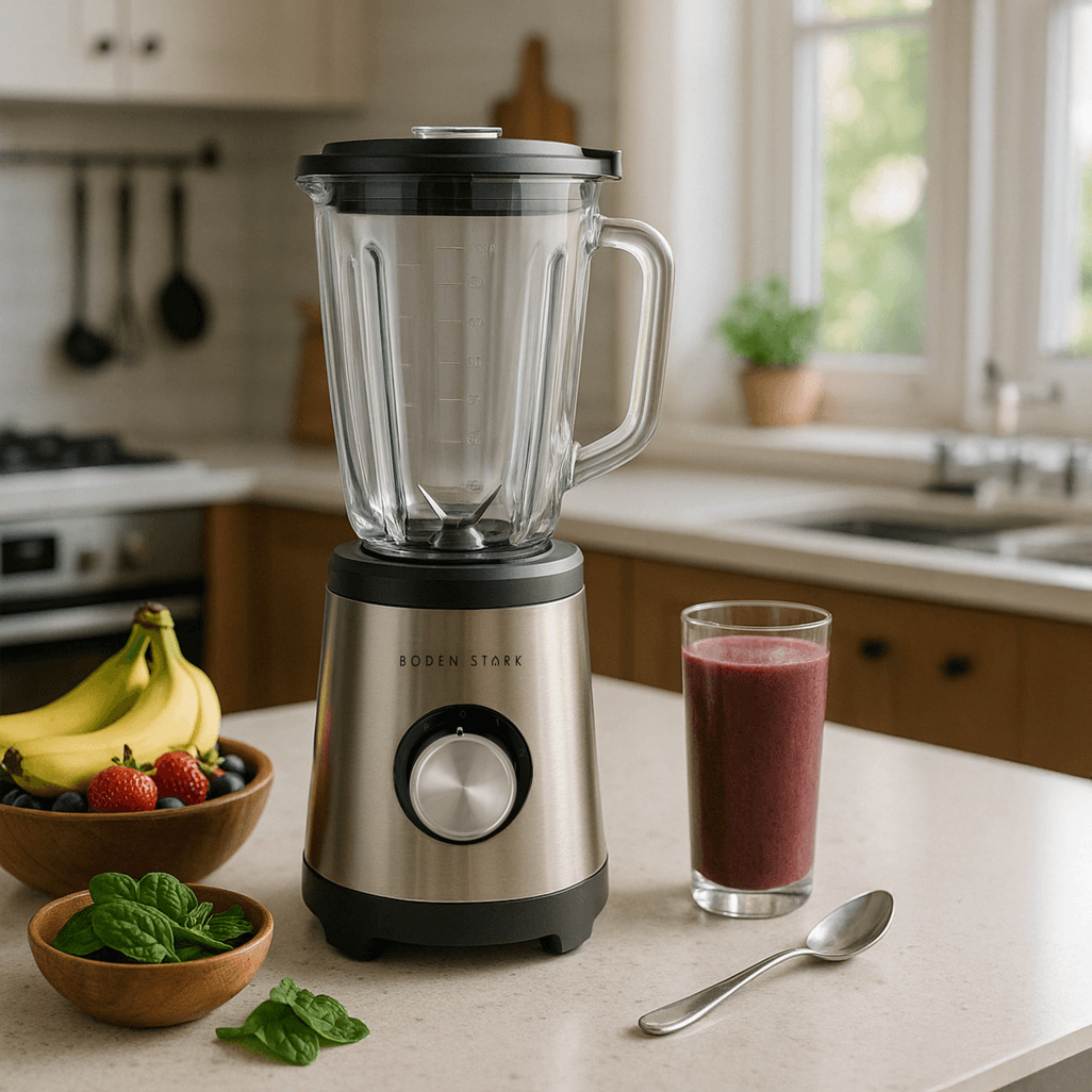 Boden Stark 1000W Glass Jug Blender with smoothie, bananas, berries, and spinach on kitchen counter.
