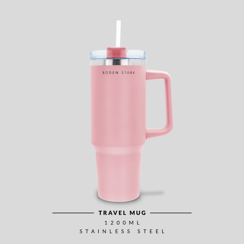 Boden Stark 1200ml pink travel mug with straw and stainless steel design, perfect for on-the-go beverages.