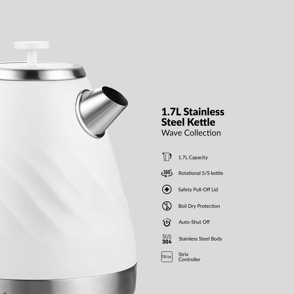 Boden Stark 1.7L Stainless Steel Kettle in White, featuring auto shut-off and safety pull-off lid.