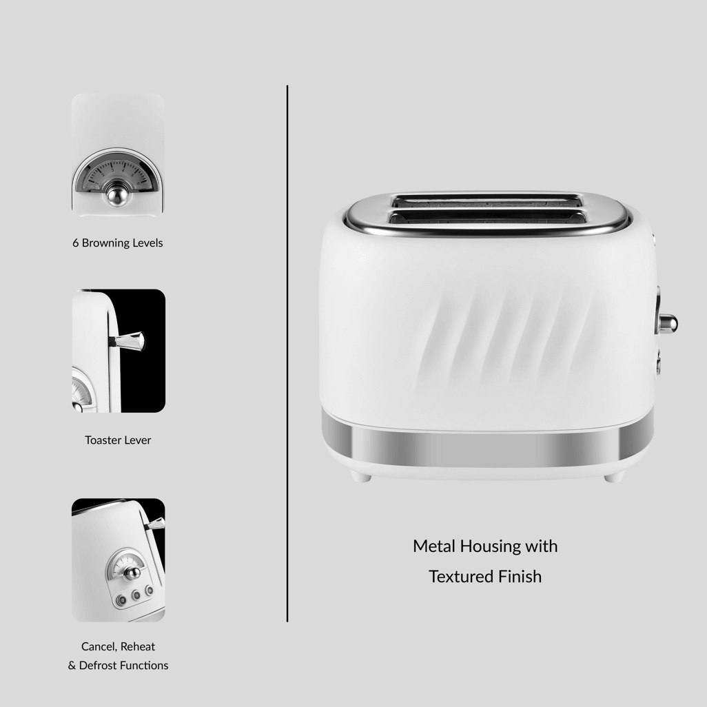Boden Stark 2 Slice Stainless Steel Toaster in white, featuring 6 browning levels and textured finish for perfect toasting.