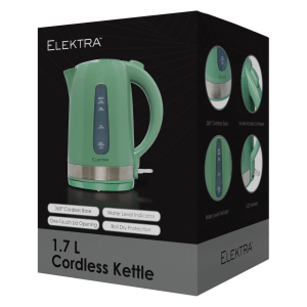 ELEKTRA 2200W 1.7L plastic cordless kettle in green with 360° base and water level indicator.