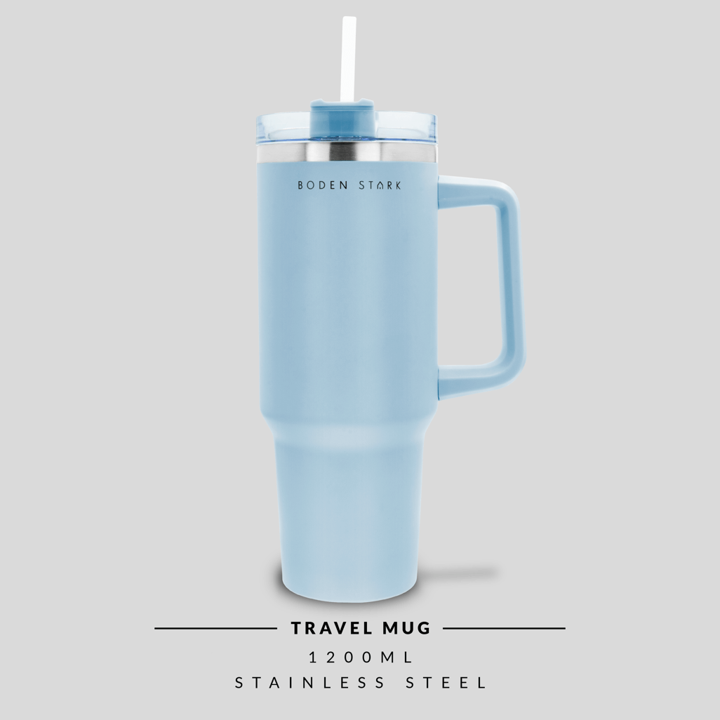 Boden Stark 1200ml Travel Mug in Blue, stainless steel, stylish design with straw and handle for on-the-go drinks.