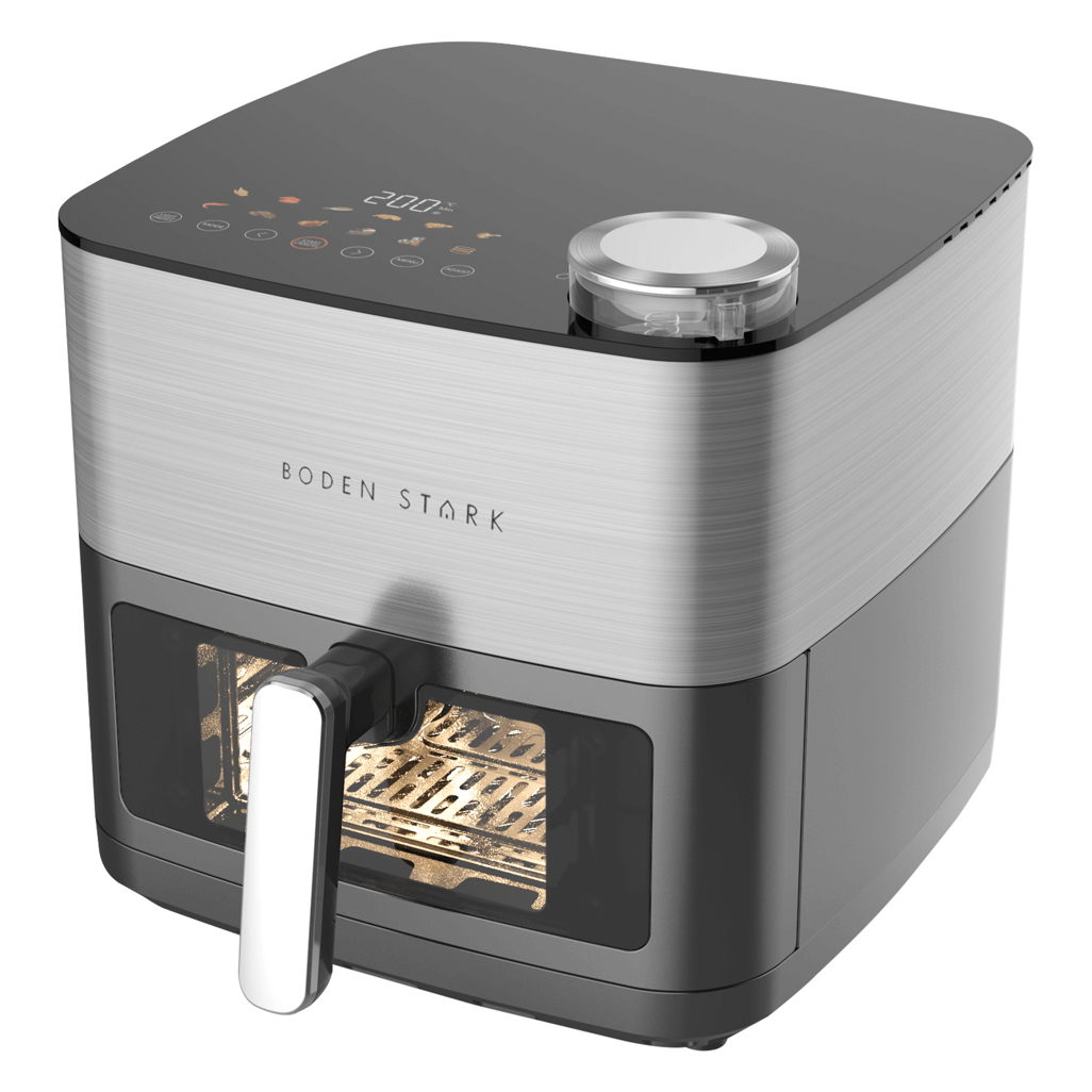 Boden Stark 8L Dual Element Air Fryer with Steaming Function, sleek modern design, digital controls, versatile cooking.