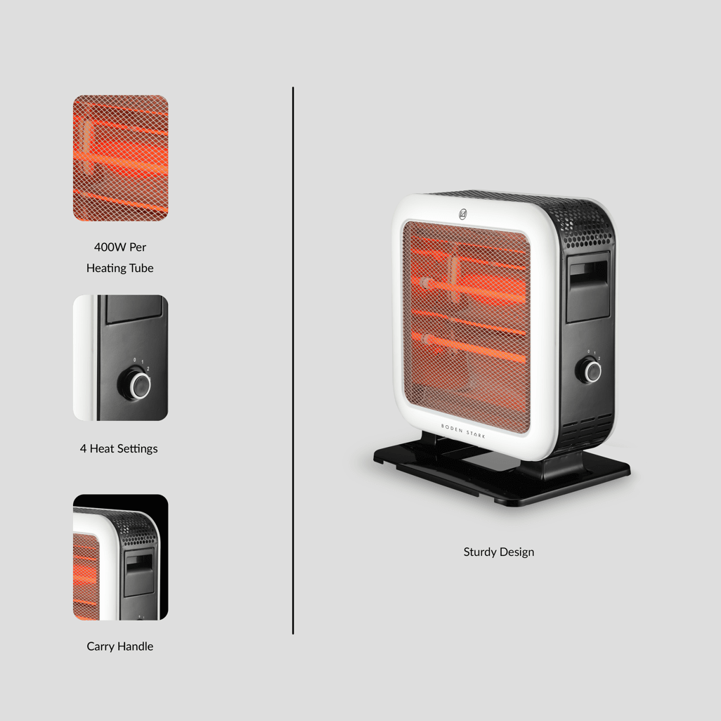 Boden Stark Double Sided Bar Heater featuring 400W tubes, 4 heat settings, and a sturdy design with carry handle.
