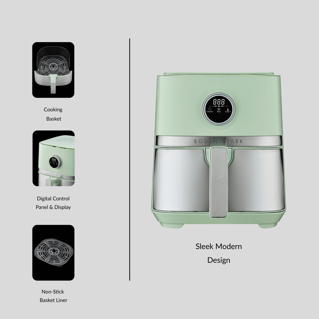 Boden Stark 5.0L Digital Air Fryer in green showcasing modern design and features including digital controls and non-stick basket.