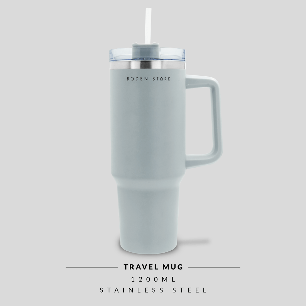 Boden Stark 1200ml travel mug in grey, stainless steel design with straw, perfect for on-the-go hydration.