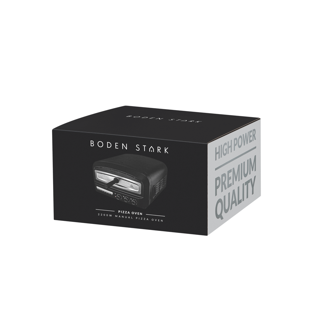 Boden Stark Manual Pizza Oven box showcasing premium quality and high power features for perfect pizzas.