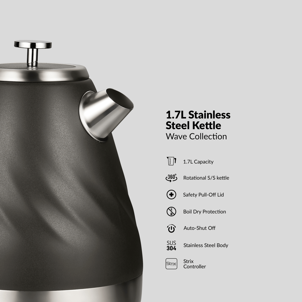 Boden Stark 1.7L stainless steel kettle in charcoal from the Wave Collection with safety features.
