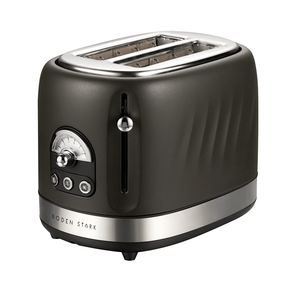 Boden Stark 2 Slice Stainless Steel Toaster in sleek black design with chrome accents and adjustable settings.