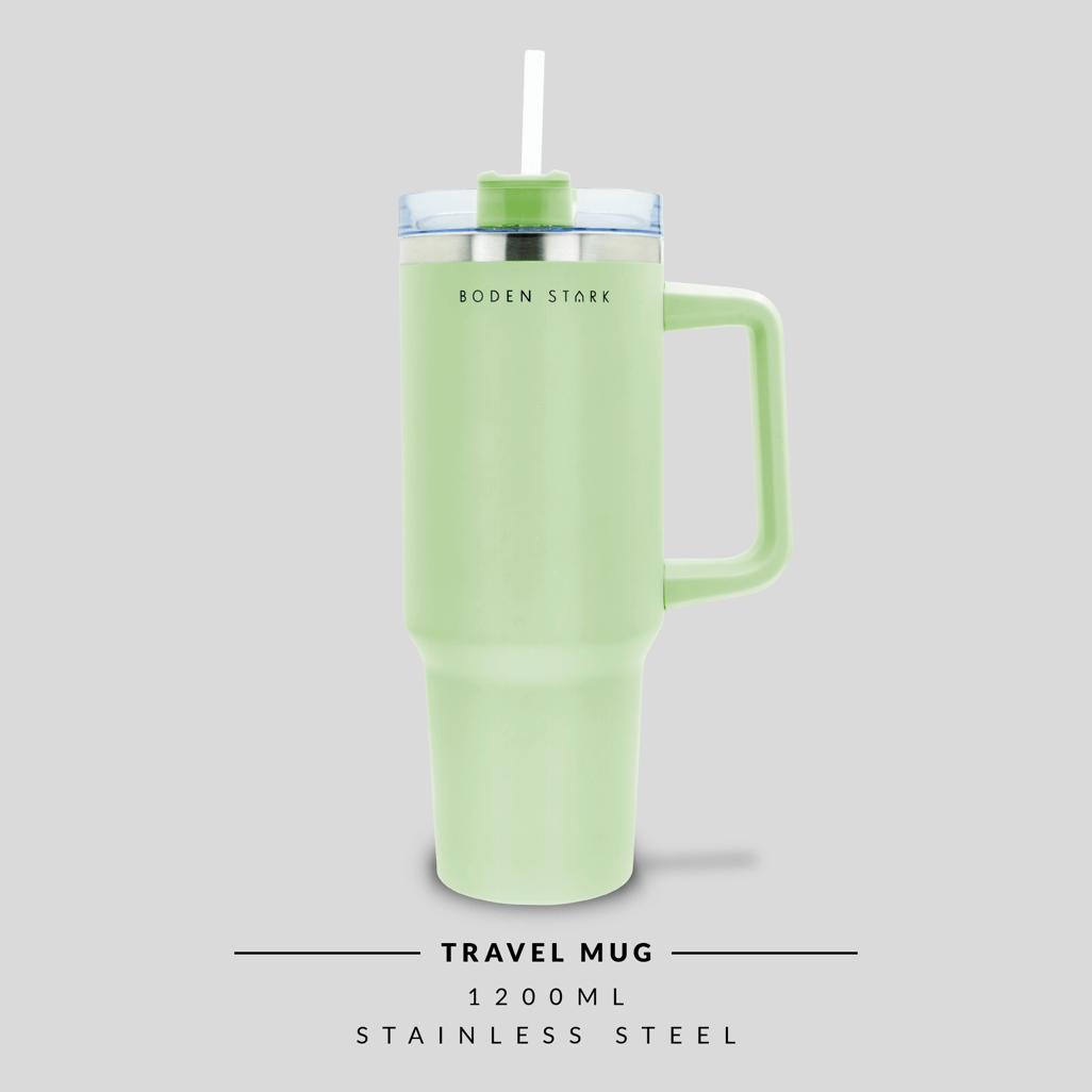 Boden Stark 1200ml Travel Mug in Green, made of stainless steel, with a wide handle and a straw for easy sipping.