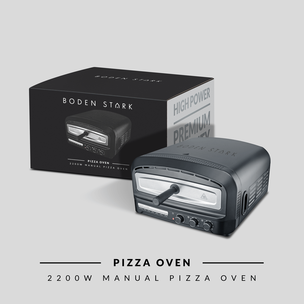 Boden Stark 2200W Manual Pizza Oven with sleek design and box, perfect for homemade pizzas.