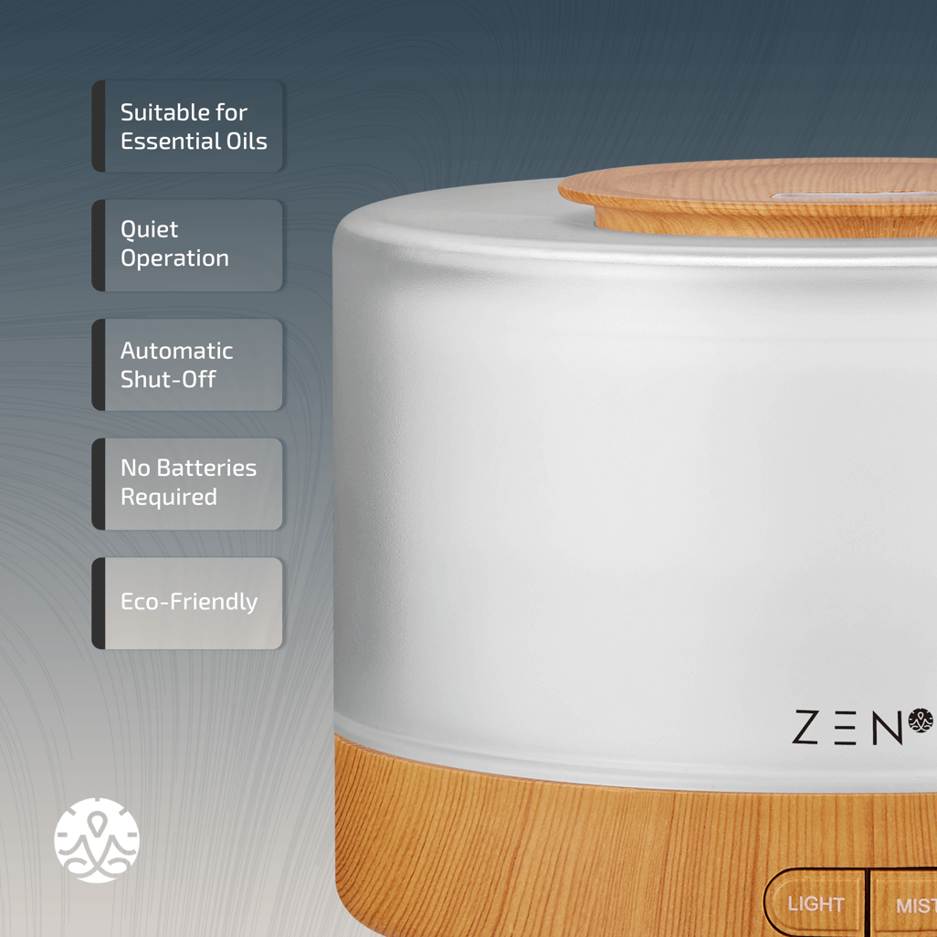 Zen Tranquillity Diffuser in Light Wood, suitable for essential oils and eco-friendly, featuring quiet operation and automatic shut-off.